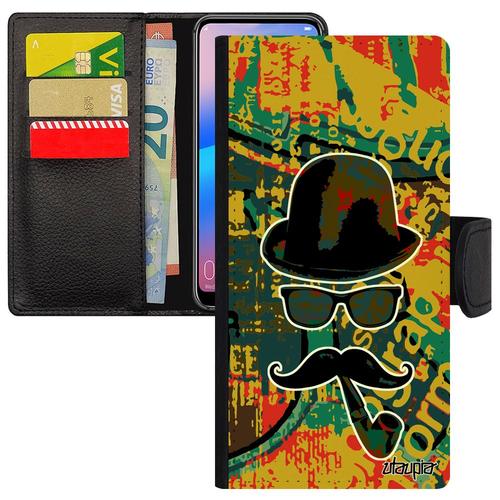 Coque Huawei P30 Lite À Rabat Homme Moustache Magnetique Peinture Antichoc Etui Pipe Smartphone Tag Charlie Homme Vert Chapeau Melon