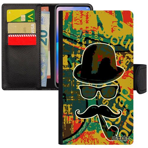 Coque Antichoc Huawei P Smart 2018 Porte Cartes Homme Moustache Mobile Peinture Pipe Monsieur Charlie Vintage Vert Tag Portable Pu
