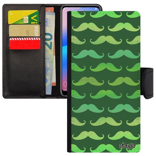 Coque Telephone Huawei Y6 2018 Simili Cuir Portefeuille Moustache Vintage Vert Homme Pochette Fantaisie Peinture Case Chapeau Melon
