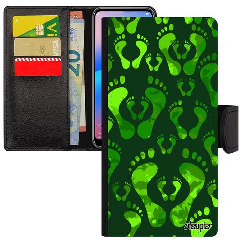 Coque Huawei Y5 2018 Portefeuille Porte Cartes Trace De Pas Personnalisé Jolie Flip Case Pied Cover Vert Original Design Plage Motif