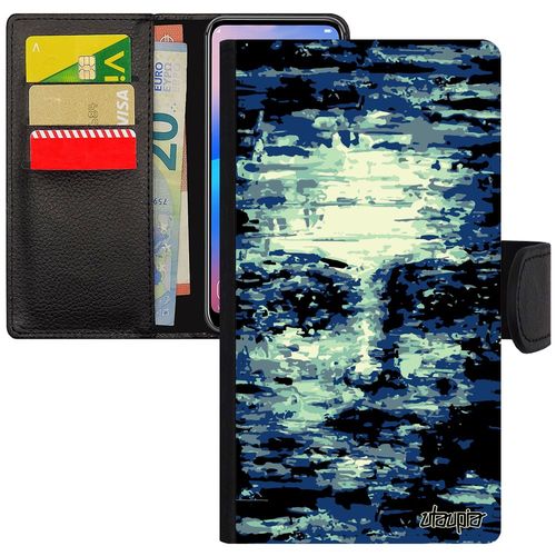 Coque Galaxy J3 2015 En Cuir Portefeuille Portrait Visage Rigide Peinture Bleu Design Artistique Art Noir Paranormal Visage Samsung