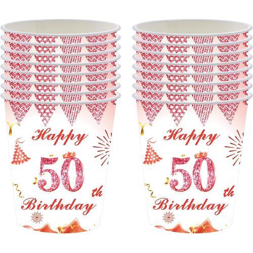 50 Ans Lot de 16 gobelets jetables en or rose - Décoration de table 50e anniversaire - Gobelets en carton pour vin chaud - Gobelets à café pour femmes - Décoration d'anniversaire - Accessoires de fête