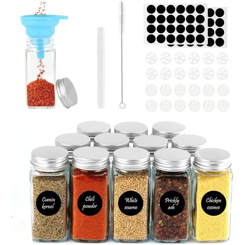 Pot A Epices En Verre, 12 Pièces 120ml Rangement Epices Cuisine Pot Epices Verre Set, Bocaux Epices Avec Tamis, Entonnoir, Etiquette, Brosse De Nettoyage, Stylo