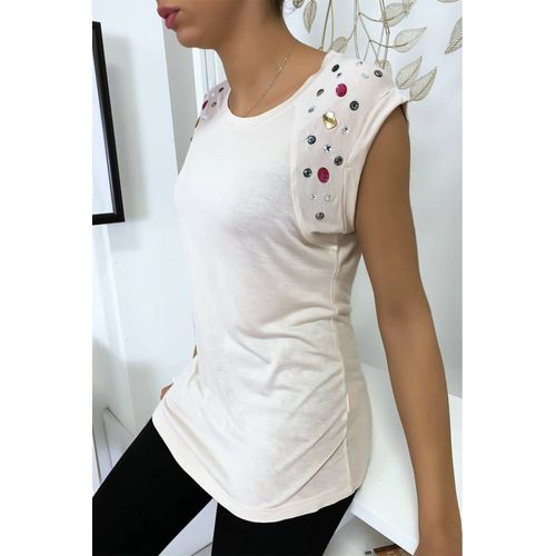 Tee Shirt Beige Avec Strass Aux Épaules - Taille S/M