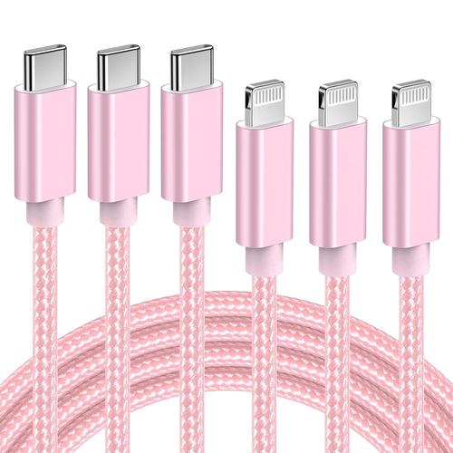 Lot de 3 Câble USB C Lightning Charge iPhone Rapide MFi Certifié 2M Chargeur Lightning USB C Nylon pour iPhone 12 13 Mini 11 Pro X XR XS Max 8, iPad Pro 2018/Air 2019/Mini, Fil C-Lightning Rose