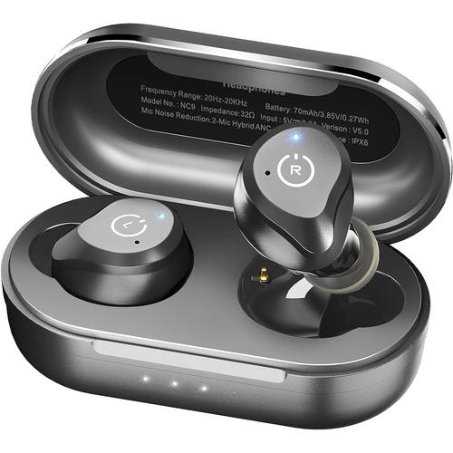 NC9 Écouteurs Bluetooth sans Fil, Casque Bluetooth sans Fil avec Active Hybride à Multi-Mode, Mode Transparence, Charge sans Fil, Graves Musclés, 6 Micros, Commande Tactile, 2023 Version