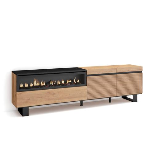 Meuble Tv | Banc Télé | Grand Espace De Rangement | 200x57x35cm | Pour Les Tv Jusqu'à  80'' | Cheminée Àlectrique | Design Industriel | Style Moderne | Chêne