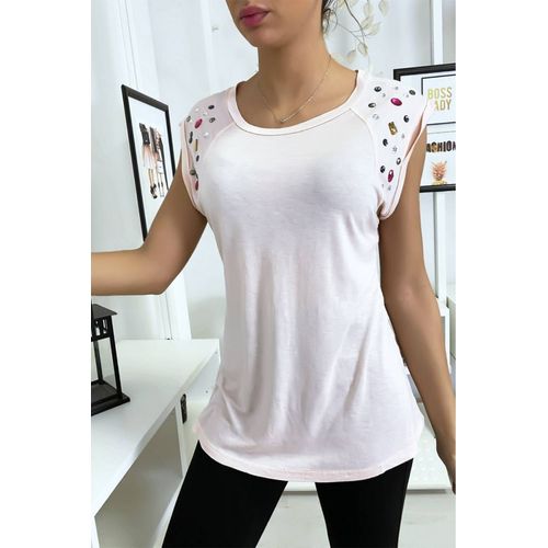 Tee Shirt Rose Avec Strass Aux Épaules - Taille S/M