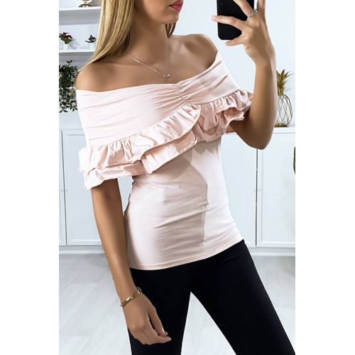 Haut Beige Col Bateau À Revers Avec Froufrou - Taille S/M