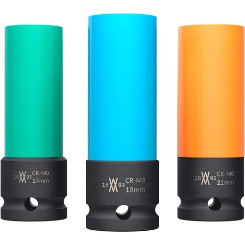 Lot de 3 douilles de serrage pour jantes alu 17/19/21 mm | WIESEMANN 80058 | pour visseuse à percussion | n'abîme pas les boulons | douille à choc | 0,5 | dans un coffret