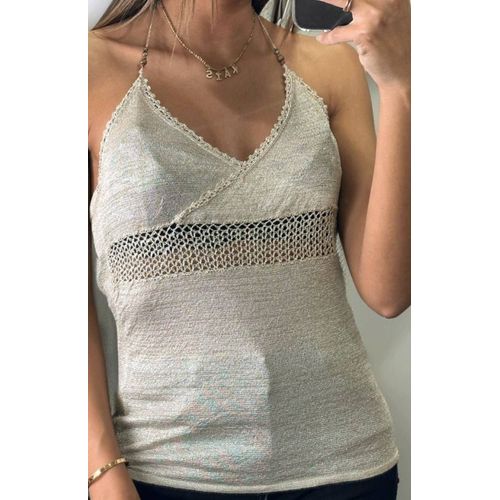 Débardeur Beige Brillant Avec Dentelle Et Perles - Taille Unique Du 36 Au 42