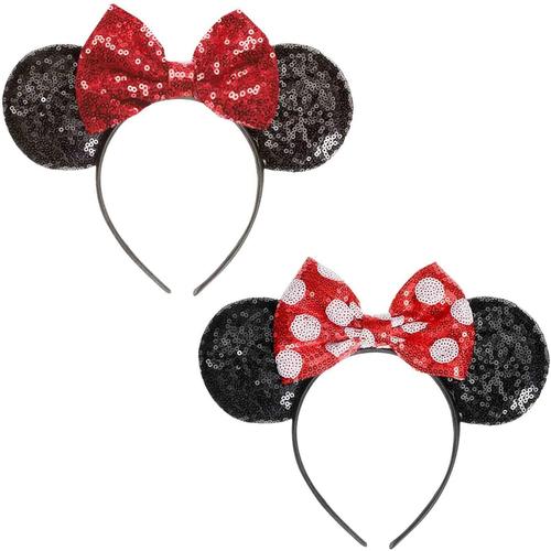 2 Couleurs 2 Pièces Oreilles De Souris De Bande Dessinée Sur Bandeau Pour Filles Femmes, Noeud À Paillettes Bandeaux, Animal Bandeau Pour Enfants Adultes Fête Halloween Noël Bandeau Costume (2