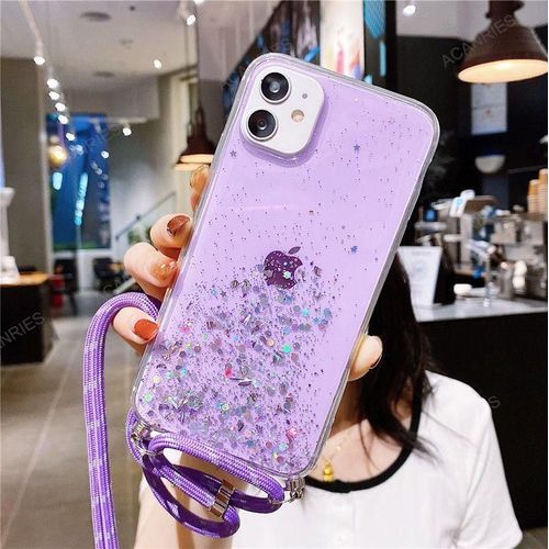 Coque Iphone 13 Pro Transparente À Paillettes Cordon Violet