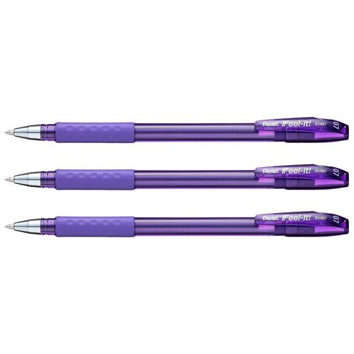 Pentel Lot De 3 Stylos Bille À Capuchon Ifeel-It! Bx487 Pointe Moyenne Violet