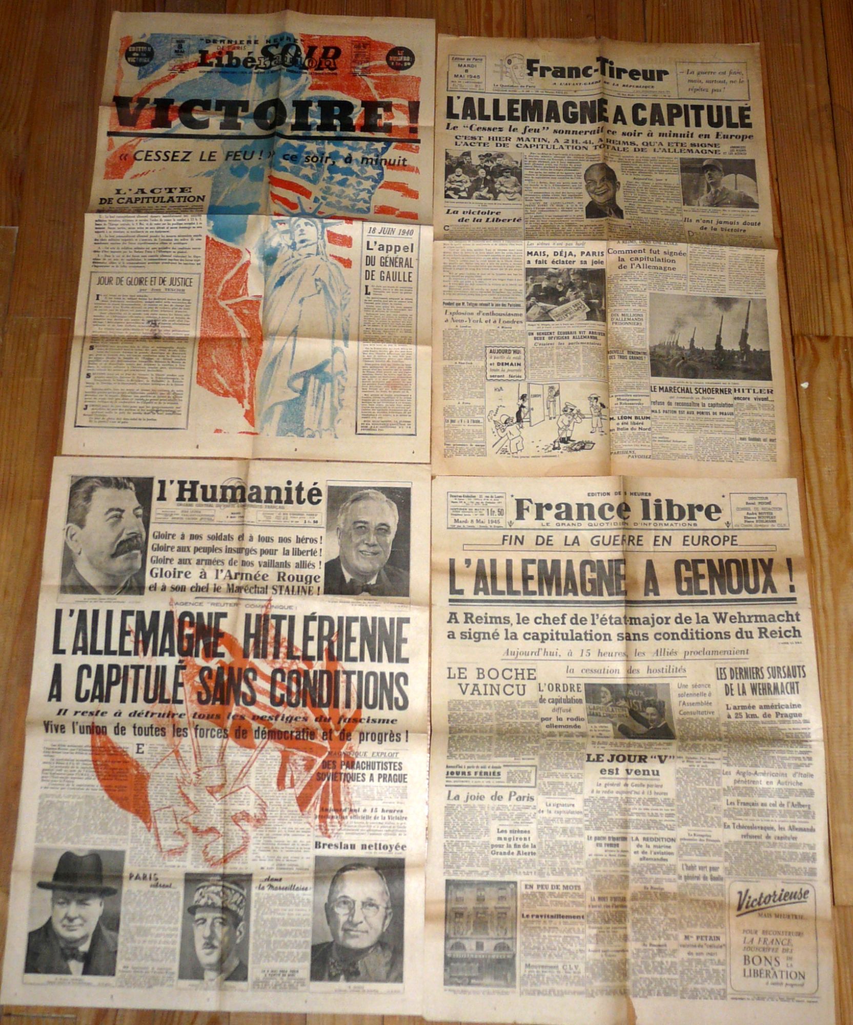 8 Mai 1945, Lot De 4 Unes, Libération, Franc-Tireur, France Libre, L'humanité