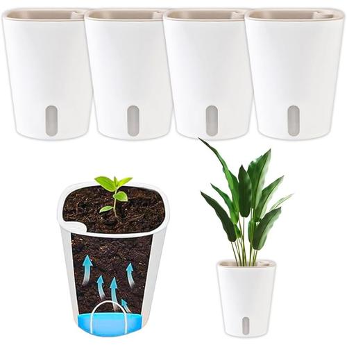 5 pièces Pots de Fleurs Blanc 12.5cm Pot de Fleurs à Arrosage Automatique Petit Pot de Fleur de Système d'arrosage Pots à Herbes aromatiques avec Système de Mèche aux Balcon, Intérieurs