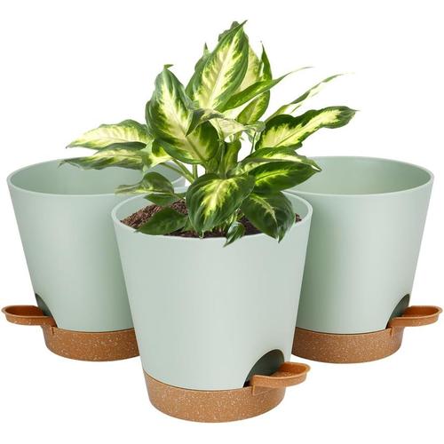 Vert Lot De Pot De Fleur En Plastique, 3pcs Pots De Fleurs Auto-Arrosant, Pots De Plantes Avec Trous De Drainage Et Soucoupes Amovible Pour D'intérieur Et D'extérieur Jardins De Balcon -Vert 20cm