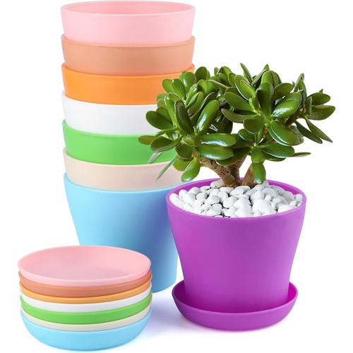 Coloré 16 Pièces 10 Cm Pots Plastique Plantes Petite, Cache Pot Interieur Exterieur, Pot De Fleur Avec Plateaux, Convient Aux Semis, Cactus, Plantes Succulentes, Orchidées, Herbes -8 Coloré