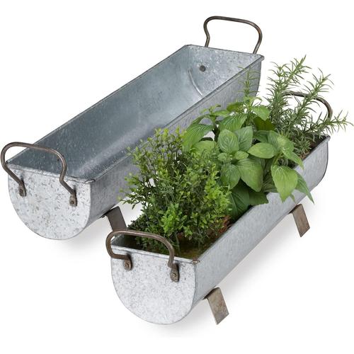 Argenté Balconnière gouttière Pot métal jardinière Zinc Jardin bac à Fleurs déco Set de 2, argenté