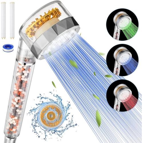 Bleu,rouge,vert Pommeau de douche , [2023 mise à niveau] anti calcaire, economie deau haute pression, pommeau de douche led avec 2 Filtre Coton PP Remplacable