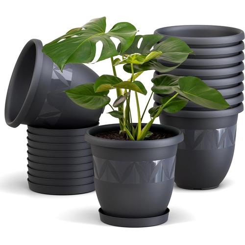 Anthracite Pot De Fleurs, Set De 10, Diamètre 18 Cm, Anthracite - Pot De Fleurs Rond Avec Soucoupe En Plastique - Cache-Pot Résistant Aux Intempéries, Grand Pot De Fleurs