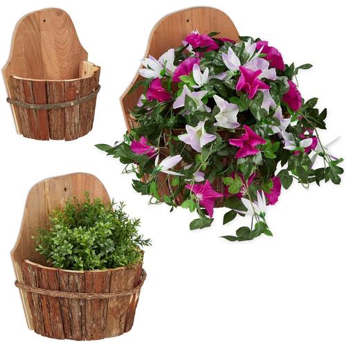 Nature Pot Mural Pour Fleurs, Jeu De 3, Bois Naturel, Contenant Á Plantes Pour Extérieur, Décor, Suspendu, Nature 10034405