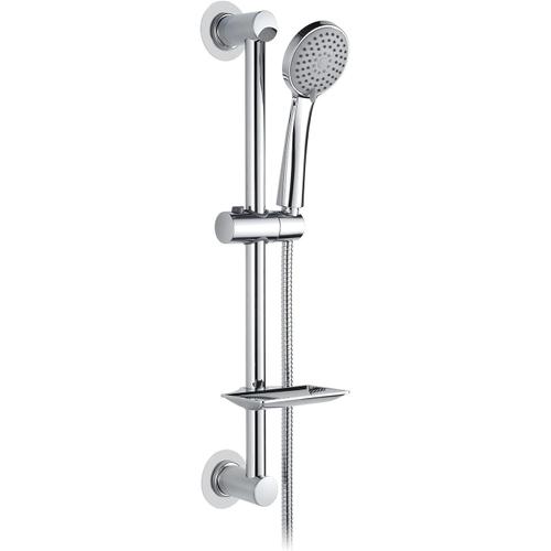 Set de douche avec colle M20903-1, Ensemble de douche, barre de douche avec pommeau de douche, tuyau, support de douchette et porte-savon, barre de douche sans fixation à clou, Chrome, Argent