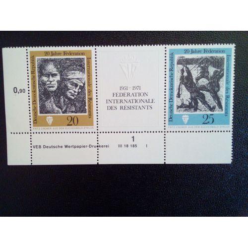 Timbre Allemagne / Rda Yt 1376 - 1377 Séries: 20 Ans De La Fédération Internationale Des Combattants De La Résistance 1971