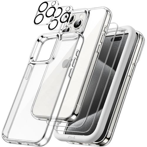 5 En 1 Coque Pour Iphone 15 Pro Max 6,7 Pouces Avec 2 Protection D'écran En Verre Trempé Et 2 Protecteur De Caméra, Étui Housse Antichoc Non-Jaunissement (Transparente)