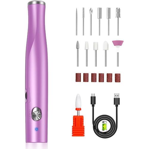 Ponceuse Pour Ongles Électrique Sans Fil 25 000 Tr/Min Pour Ongles En Gel Avec 12 Embouts De Ponceuse À Ongles, Lime À Ongles, Manucure Et Pédicure Avec Lampe Led (Violet) 