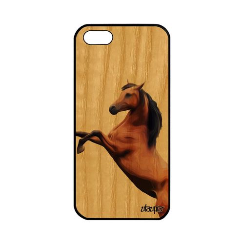 Coque Iphone 5 5s Se En Bois Silicone Cheval Animal Portable Telephone Rigide Jolie De Protection Animaux Marron Design Poney Apple