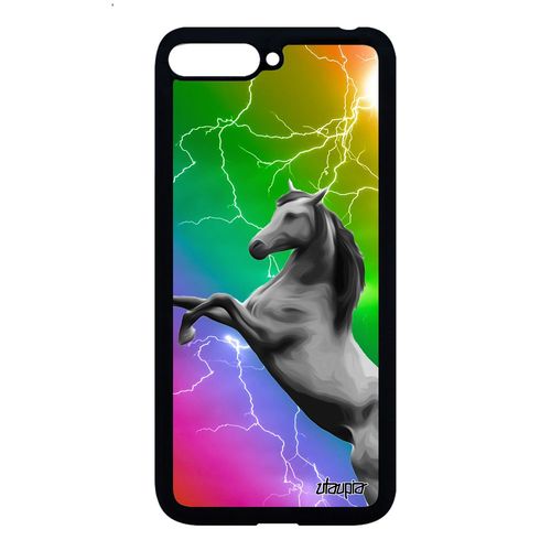 Coque Cheval Huawei Y6 2018 Silicone Poney Telephone Orage Animal Eclair Design De Protection Personnalisé Motif Multicolore Jaune