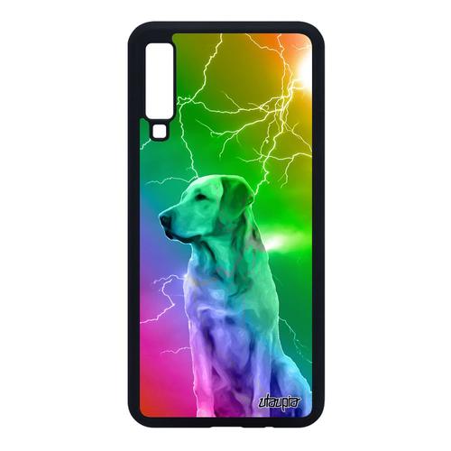 Coque Samsung Galaxy A7 2018 Silicone Chien Animal Housse Jaune Multicolore Eclair Chiot Animaux Arc En Ciel Design Mobile Portable