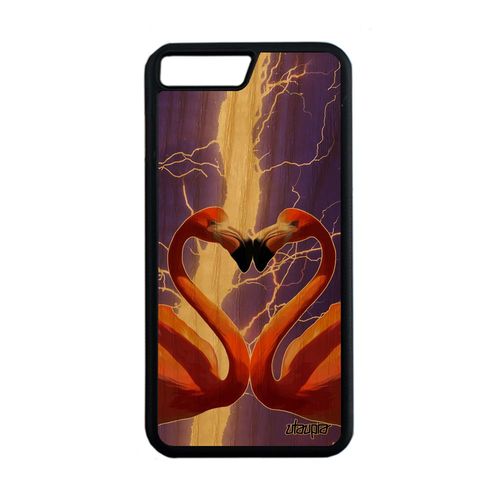 Coque Bois Silicone Iphone 7 Plus Flamand Rose Oiseau Unique Design Animaux Mobile Amour Portable Romantique Love Eclair Frêne