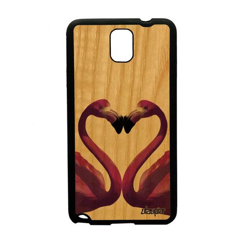 Coque En Bois Veritable Samsung Galaxy Note 3 Et Silicone Flamand Rose C¿Ur Oiseau Love Tpu Etui De Protection Jolie Amour Dessin