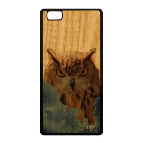 Coque Huawei P8 Lite 2015 En Vrai Bois Et Silicone Hibou Gris Ciel Etui Rigide Souple Chouette De Protection Ale-L21 Nuage Animal