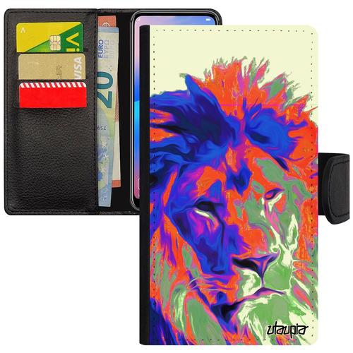 Coque Xiaomi Redmi Note 6 Pro Portefeuille Lion Orange Roi Flip Case Design Lionne Peinture Savane Animal Fauve Case Animaux Pop Art