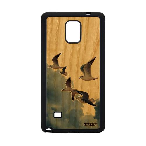 Coque Pour Galaxy Note 4 Bois Silicone Oiseaux Mouettes Nuage Mer Smartphone Animal Beige Bumper Marin Case Nature Design De Samsung