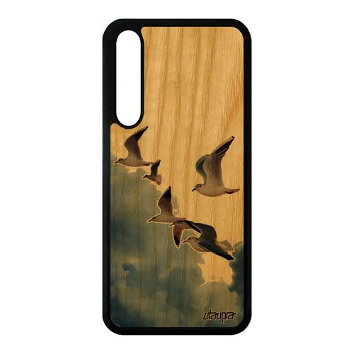 Coque Huawei P20 Pro Bois Veritable Silicone Oiseaux Mouettes Beige Nuage Animaux Mobile Mer Frêne Animal Cover Design Nature Ciel
