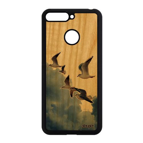 Coque Pour Honor 7a En Bois Silicone Oiseaux Mouettes De Protection Smartphone Nature Ciel Mer Animaux Beige Case Caoutchouc Nuage