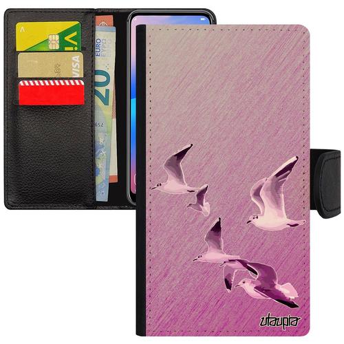 Coque Iphone 6 6s Cuir Porte Cartes Oiseaux Mouettes Animaux Nature Pochette Personnalisé Design Mer Rose Effet Portable Case