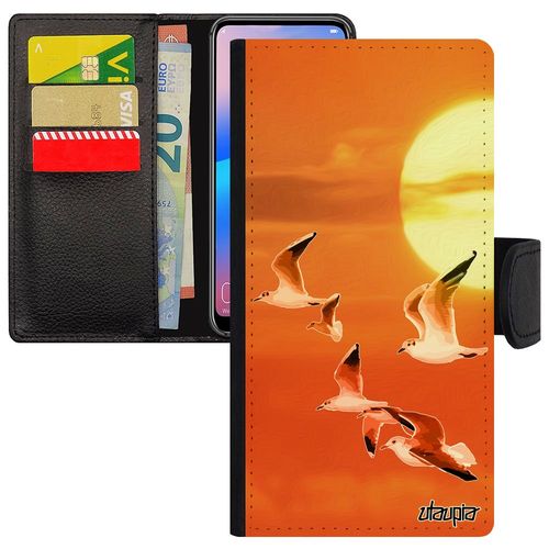 Coque Huawei P10 Lite Cuir Porte Cartes Oiseaux Mouettes Animaux Antichoc Caoutchouc Couché De Soleil Animal Unique Orange Marin Mer