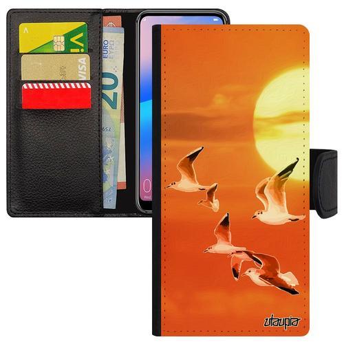 Coque Oiseaux Mouettes Pour Honor 8x Simili Cuir Rabat Portefeuille Porte Cartes Ciel Mer Couché De Soleil Etui Animaux Nature Marin