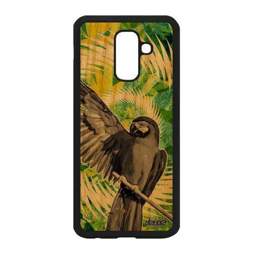 Coque Pour Samsung Galaxy A6 Plus 2018 En Bois Et Silicone Perroquet Design Perruche Animaux Cover Nature Fleurs Vert Oiseau Housse
