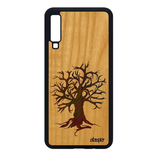 Coque Bois Naturel Silicone Pour Samsung Galaxy A7 2018 Peinture Arbre Nature Jaune Portable Foret De Vie Original Telephone Zen Art