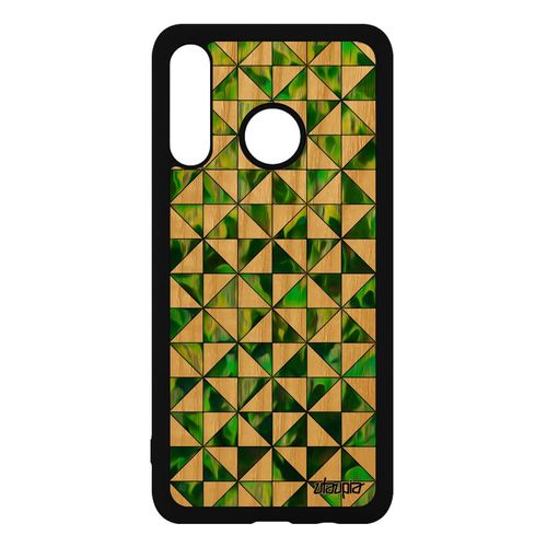 Coque Huawei P30 Lite Bois Silicone Design Carreau Geometrique Housse Fait Main Vert Case Coloré Motif 4g Carre Effet Made In France