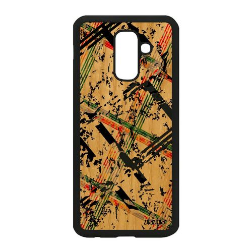 Coque En Bois Samsung Galaxy A6 Plus 2018 Silicone Carreau Tartan Vert Personnalisé Design Abstrait Telephone Geometrique Effet Tpu