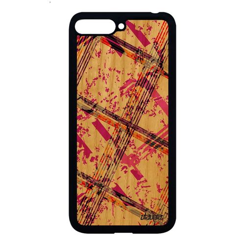 Coque Bois Pour Huawei Y6 2018 Silicone Carreau Tartan Ecossais Design Portable Mobile Housse Geometrie Coloré Artisanat Motif Rose