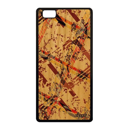 Coque Bois Pour Huawei P8 Lite 2015 Silicone Carreau Tartan Fond Effet Motif Geometrique Carre Marron Housse Fait Main De Protection