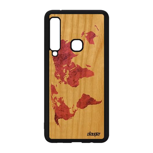 Coque Bois Samsung Galaxy A9 2018 Silicone Carte Monde Atlas Mobile Housse Design Pays Rose Motif Artisanat Globe Planete Bumper Tpu
